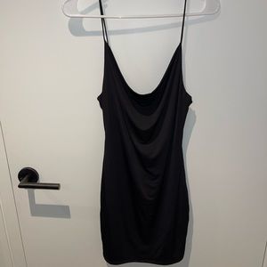 Cow neck mini dress in black